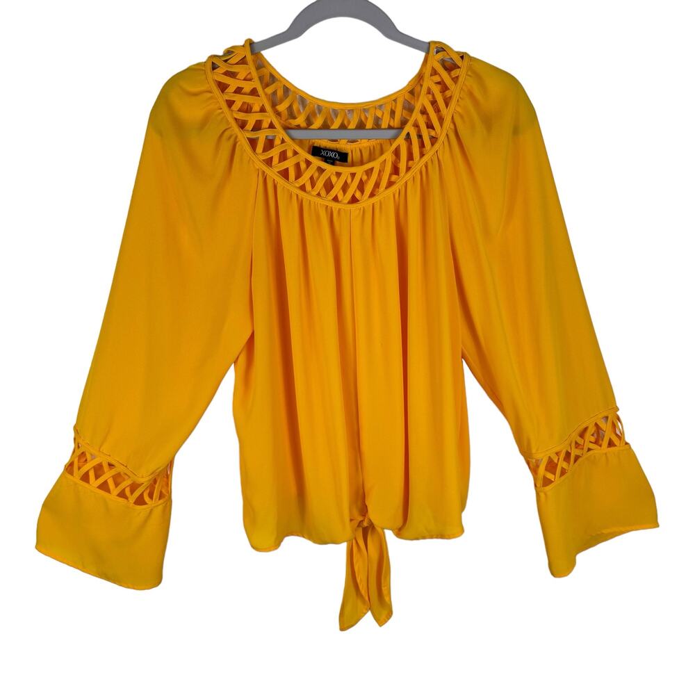 XOXO Yellow Cutout Neck Tie-Front Blouse